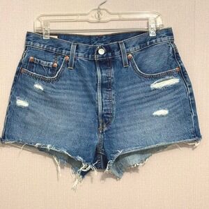 Levi's Premium 501 Original Medium Blue Denim Jean Shorts Distressed Womens 32